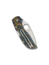 Spyderco Chaparral folding knife with thumb hole - shown closed pocket clip side.  Satin CTS-XHP stainless steel plain edge blade. Raffir Nobel handle.  Model C152RNP.
