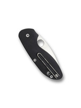 Spyderco Efficient folding knife with thumb hole - shown closed lock side.  Satin 8Cr13MoV stainless steel plain edge blade.  Black G-10 handle.  Model C216GP.