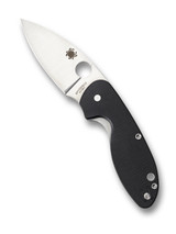 Spyderco Efficient folding knife with thumb hole - shown open presentation side.  Satin 8Cr13MoV stainless steel plain edge blade.  Black G-10 handle.  Model C216GP.