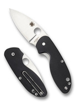 Spyderco Efficient folding knife with thumb hole - shown open presentation side and closed lock side.  Satin 8Cr13MoV stainless steel plain edge blade.  Black G-10 handle.  Model C216GP.