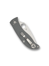 Spyderco Polestar folding knife with thumb hole - shown closed pocket clip side.  Satin CTS-BD1N stainless steel plain edge blade.  Gray G-10 handle.  Model C220GPGY.