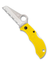Spyderco Manbug Salt folding knife - shown open obverse.  Satin H-2 stainless steel serrated edge blade.  Yellow FRN handle.  Model MYLS.