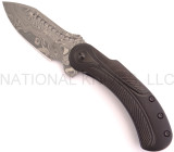 Todd Begg Knives Steelcraft Series Field Marshall folding knife - shown open presentation side.  Grosserosen Damascus steel plain edge blade.  Black titanium handle.  Model FM214.
For reference only.