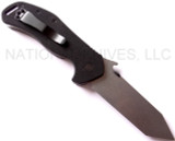 Emerson Knives Big Bulldog folding knife with thumb disk and Emerson Wave - shown open pocket clip side.  154CM stainless steel plain edge blade.  Black G-10 handle.  Model BBLDG-SF.
For reference only.