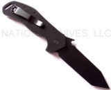 Emerson Knives Big Bulldog folding knife with thumb disk and Emerson Wave - shown open pocket clip side.  Black 154CM stainless steel plain edge blade.  Black G-10 handle.  Model BBLDG-BT.
For reference only.