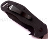 Emerson Knives Big Bulldog folding knife with thumb disk and Emerson Wave - shown closed pocket clip side.  Black 154CM stainless steel plain edge blade.  Black G-10 handle.  Model BBLDG-BT.
For reference only.