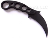 Emerson Knives Karambit BT fixed blade knife - shown out of sheath obverse.  Black 154CM stainless steel plain edge blade.  Black G-10 handle.  Model KARFX-BT.