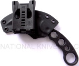 Emerson Knives Karambit BT fixed blade knife - shown in sheath reverse.  Black 154CM stainless steel plain edge blade.  Black G-10 handle.  Model KARFX-BT.