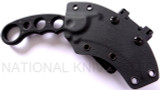 Emerson Knives Karambit BT fixed blade knife - shown in sheath obverse.  Black 154CM stainless steel plain edge blade.  Black G-10 handle.  Model KARFX-BT.