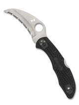 Spyderco Tasman Salt 2 folding knife with thumb hole - shown open presentation side.  Satin H-2 stainless steel serrated edge blade.  Black FRN handle.  Model C106SBK2.