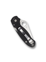Spyderco Para 3 folding knife with thumb hole - shown closed pocket clip side.  Satin S45VN stainless steel combo edge blade.  Black G-10 handle.  Model C223GPS.