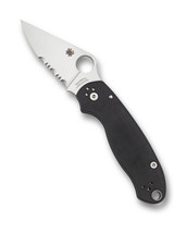 Spyderco Para 3 folding knife with thumb hole - shown open presentation side.  Satin S45VN stainless steel combo edge blade.  Black G-10 handle.  Model C223GPS.