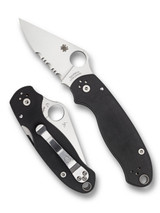 Spyderco Para 3 folding knife with thumb hole - shown open presentation side and closed pocket clip side.  Satin S45VN stainless steel combo edge blade.  Black G-10 handle.  Model C223GPS.
