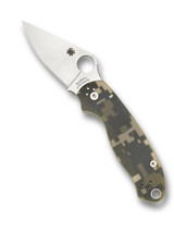 Spyderco Para 3 folding knife with thumb hole - shown open presentation side.  Satin S45VN stainless steel plain edge blade. Digi Camo G-10 handle.  Model C223GPCMO.
