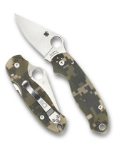 Spyderco Para 3 folding knife with thumb hole - shown open presentation side and closed pocket clip side.  Satin S45VN stainless steel plain edge blade. Digi Camo G-10 handle.  Model C223GPCMO.
