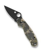 Spyderco Para 3 folding knife with thumb hole - shown open presentation side.  Black S45VN stainless steel plain edge blade.  Digi Camo G-10 handle.  Model C223GPCMOBK.