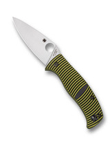 Spyderco Caribbean folding knife with thumb hole - shown open presentation side.  Satin LC200N stainless steel plain edge blade.  Black and yellow G-10 handle.  Model C217GP.