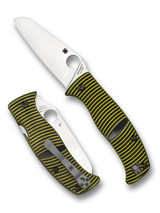 Spyderco Caribbean folding knife with thumb hole - shown open presentation side and closed pocket clip side.  Satin LC200N stainless steel, sheepfoot, plain edge blade.  Black and yellow G-10 handle.  Model C217GPSF.