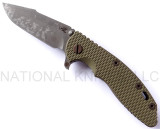 Rick Hinderer Knives Battlefield Pick Up XM-18 3.5" Harpoon Spanto folding knife with thumb stud and flipper tab - shown open presentation side.  M390 stainless steel plain edge blade.  OD green G-10 handle with titanium lock side.  Model K25520SP00.
For reference only.