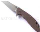 Rick Hinderer Knives Gearhead XM-24 Wharncliffe folding knife with thumb stud and flipper tab - shown open presentation side.  Working Finish M390 stainless steel plain edge blade.  FDE G-10 handle with Working Finish lock side.  Model K3023SGW00.
For reference only.