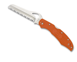 Byrd Knives Cara Cara 2 Rescue folding knife with thumb slot - shown open presentation side.  Satin 8Cr13MoV stainless steel serrated edge blade.  Orange G-10 handle.  Model BY17SOR2.

