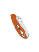 Byrd Knives Cara Cara 2 Rescue folding knife with thumb slot - shown closed pocket clip side.  Satin 8Cr13MoV stainless steel serrated edge blade.  Orange G-10 handle.  Model BY17SOR2.