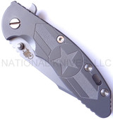 Rick Hinderer Knives Stars and Bars XM-18 3.5" Harpoon Spanto folding knife with thumb stud and flipper tab - shown closed presentation side.  Bead Blast 20CV stainless steel plain edge blade.  Bead Blast titanium handle with Bead Blast lock side.  Model K25520SP00.
For reference only.