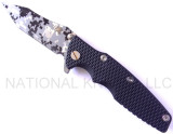 Rick Hinderer Knives Digi Camo Edition Eklipse Harpoon Tanto folding knife with thumb stud and flipper tab - shown open presentation side.  Working Finish 20CV stainless steel plain edge blade.  Black G-10 handle with Battle Bronze lock side.  Model K40042S000.
For reference only.