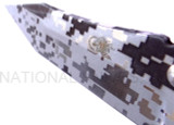 Rick Hinderer Knives Digi Camo Edition Eklipse Harpoon Tanto folding knife with thumb stud and flipper tab - close up of presentation side blade shown.  Working Finish 20CV stainless steel plain edge blade.  Black G-10 handle with Battle Bronze lock side.  Model K40042S000.
For reference only.