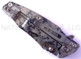 Rick Hinderer Knives Digi Camo Edition Eklipse Harpoon Tanto folding knife with thumb stud and flipper tab - shown closed lock side.  Working Finish 20CV stainless steel plain edge blade.  Grey - black G-10 handle with Working Finish lock side.  Model K40042S000.
For reference only.