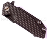 Rick Hinderer Knives Half Track folding knife with flipper tab - shown closed presentation side.  Black DLC S35VN stainless steel plain edge blade.  Black DLC textured titanium handle with black DLC textured titanium lock side.  Model K20090SPNC.
For reference only.