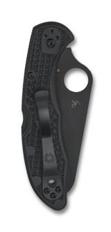 Spyderco Salt 2 folding knife with thumb hole - shown closed pocket clip side.  Black H-2 stainless steel plain edge blade.  Black FRN handle. Model C88PBBK2.
