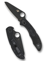 Spyderco Salt 2 folding knife with thumb hole - shown open presentation side and closed pocket clip side.  Black H-2 stainless steel plain edge blade.  Black FRN handle. Model C88PBBK2.