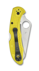 Spyderco Salt 2 folding knife with thumb hole - shown closed pocket clip side.  Satin H-2 stainless steel plain edge blade.  Yellow FRN handle. Model C88PYL2.