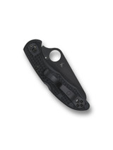 Spyderco Salt 2 folding knife with thumb hole - shown closed pocket clip side.  Black H-2 stainless steel serrated edge blade.  Black FRN handle. Model C88SBBK2.
