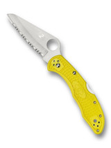 Spyderco Salt 2 folding knife with thumb hole - shown open presentation side.  Satin H-2 stainless steel serrated edge blade.  Yellow FRN handle. Model C88SYL2.