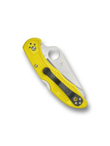 Spyderco Salt 2 folding knife with thumb hole - shown closed pocket clip side.  Satin H-2 stainless steel serrated edge blade.  Yellow FRN handle. Model C88SYL2.