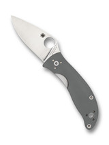 Spyderco Alcyone folding knife with thumb hole - shown open presentation side.  Satin CTS-BD1N stainless steel plain edge blade.  Gray G-10 handle.  Model C222GPGY.