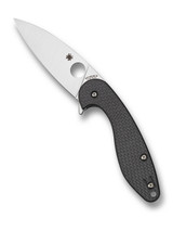 Spyderco Sliverax folding knife with blade hole and flipper tab - shown open presentation side.  Satin S30V stainless steel plain edge blade.  Black carbon fiber and G-10 laminate handle.  Model C228CFP.
For reference only.