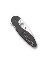 Spyderco Sliverax folding knife with blade hole and flipper tab - shown closed pocket clip side.  Satin S30V stainless steel plain edge blade.  Black carbon fiber and G-10 laminate handle.  Model C228CFP.
For reference only.
