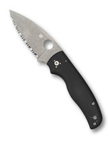Spyderco Shaman folding knife with thumb hole - shown open presentation side.  Stonewash S30V stainless steel serrated edge blade.  Black G-10 handle.  Model C229GS.
