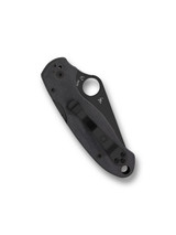 Spyderco Para 3 folding knife with thumb hole - shown closed pocket clip side.  Black S45VN stainless steel plain edge blade. Black G-10 handle.  Model C223GPBK.