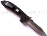 Emerson Knives Horseman SFS folding knife with thumb disk and Emerson Wave opener - shown open pocket clip side.  Satin 154CM stainless steel combo edge blade.  Black G-10 handle.  Model HRSM-SFS.
