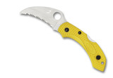 Spyderco Dragonfly 2 Salt folding knife with thumb hole - shown open presentation side.  Satin H-2 stainless steel, hawkbill, serrated edge blade.  Yellow FRN handle.  Model C28SYL2HB.
