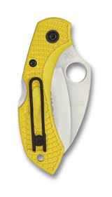 Spyderco Dragonfly 2 Salt folding knife with thumb hole - shown closed pocket clip side.  Satin H-2 stainless steel, hawkbill, serrated edge blade.  Yellow FRN handle.  Model C28SYL2HB.
