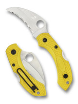 Spyderco Dragonfly 2 Salt folding knife with thumb hole - shown open presentation side and closed pocket clip side.  Satin H-2 stainless steel, hawkbill, serrated edge blade.  Yellow FRN handle.  Model C28SYL2HB.