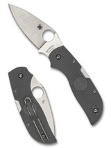 Spyderco Chaparral folding knife with thumb hole - shown open presentation side and closed pocket clip side.  Satin CTS-XHP stainless steel plain edge blade. Gray FRN handle.  Model C152PGY.