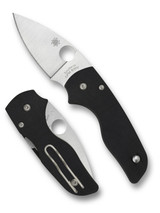 Spyderco Lil' Native folding knife with thumb hole - shown open presentation side and closed pocket clip side.  Satin S30V stainless steel plain edge blade.  Black G-10 handle.  Model C230GP.