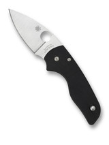 Spyderco Lil' Native folding knife with thumb hole - shown open presentation side.  Satin S30V stainless steel plain edge blade.  Black G-10 handle.  Model C230GP.