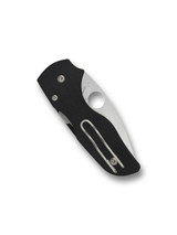 Spyderco Lil' Native folding knife with thumb hole - shown closed pocket clip side.  Satin S30V stainless steel plain edge blade.  Black G-10 handle.  Model C230GP.